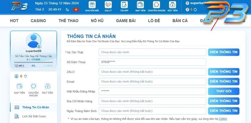 P3 Nhà Cái P3BET Uy Tín Hàng Đầu | Đăng Ký Nhận Ưu Đãi 100K 4 Cập nhật thông tin tài khoản đầy đủ ngay sau khi đăng ký