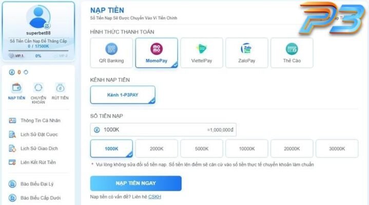 Nạp tiền P3 dễ dàng, nhanh chóng với ví Momo