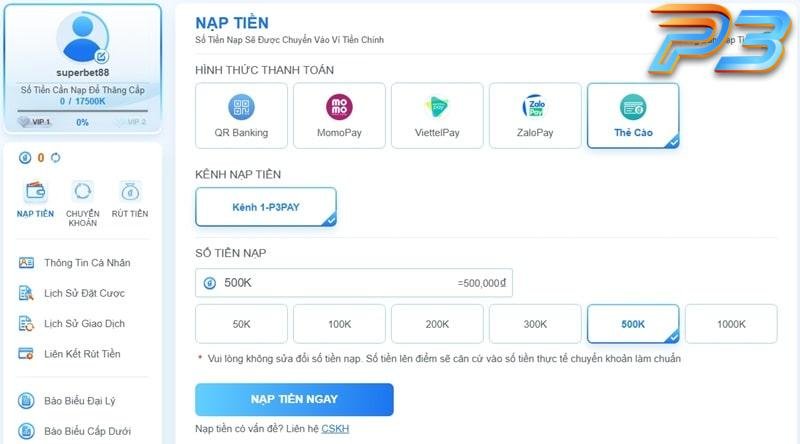 Hướng Dẫn Nạp Tiền P3 An Toàn Cho Người Mới Bắt Đầu 6 Nạp tiền vào P3 bằng thẻ cào cực kỳ nhanh chóng và tiện lợi